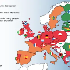 Karte zeigt Regeln für wildcampen in Europa. Tschechien ist rot markiert, was bedeutet: meist verboten oder streng geregelt.