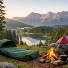 Ein grünes Zelt mit Schlafsack, ein Lagerfeuer und ein Rucksack stehen bereit für ein Biwak mit Bergblick.