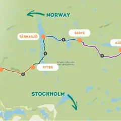 Karte zeigt verschiedene Etappen des Kungsleden in Schweden, mit Orten wie Hemavan, Viterskålet, Syter, Tärnasjö, Serve, Aigert und Ammarnäs.