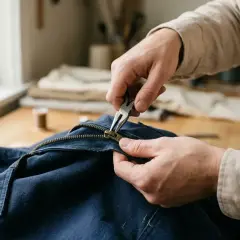 Hände reparieren mit einer Zange einen Reißverschluss an einer dunkelblauen Jacke.