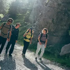 Vier Freunde genießen das Wandern auf einem sonnigen Bergpfad. Das ist die wahre Definition von Wandern: Natur, Gemeinschaft und Bewegung.