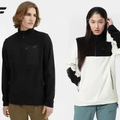 Mann und Frau tragen warme Fleecejacken. Fleece ist ein weiches, isolierendes Material, perfekt für kühle Tage.