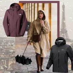 Regen in Paris: Unterschied wasserdicht und wasserfest bei Jacken. Eine Frau mit Schirm, eine rote und eine schwarze Outdoor-Jacke.