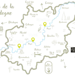 Eine Karte der Dordogne-Täler mit Orten wie Martel, Vayrac und Rocamadour, die zu Entdeckungen einladen.