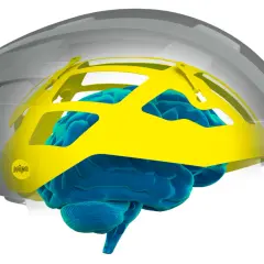 Schnittdarstellung eines Helms mit Gehirn und gelber Mips-Schicht. Mips schützt das Gehirn bei Stürzen.