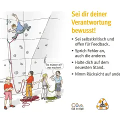 Zeichnung von Kletterern an einer Wand, die über offwidth climbing sprechen. Ein Kletterer hängt kopfüber, während andere unten diskutieren.