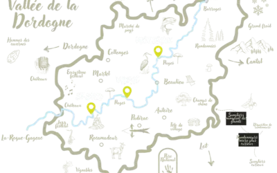 Eine Karte der Dordogne-Täler mit Orten wie Martel, Vayrac und Rocamadour, die zu Entdeckungen einladen.