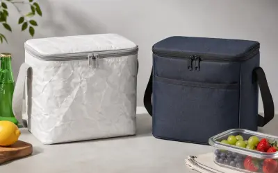 Zwei Kühltaschen, eine in weißem, zerknittertem rPET-Material, die andere in dunkelblauem Stoff. Daneben eine Flasche, Zitrone und eine Obstschale.