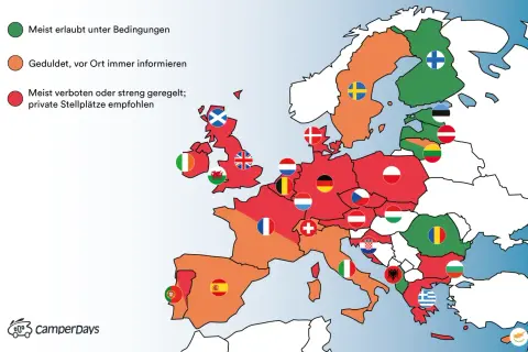 Karte zeigt Regeln für wildcampen in Europa. Tschechien ist rot markiert, was bedeutet: meist verboten oder streng geregelt.