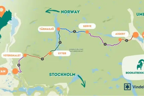 Karte zeigt verschiedene Etappen des Kungsleden in Schweden, mit Orten wie Hemavan, Viterskålet, Syter, Tärnasjö, Serve, Aigert und Ammarnäs.