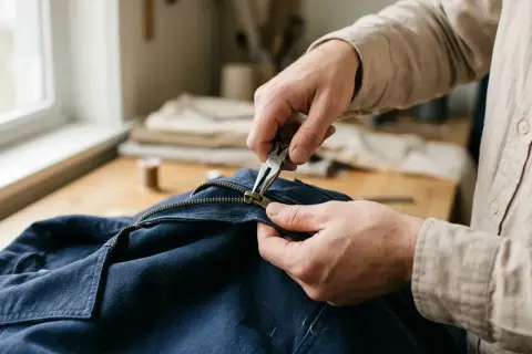 Hände reparieren mit einer Zange einen Reißverschluss an einer dunkelblauen Jacke.