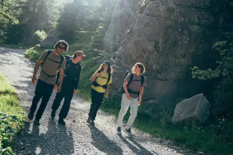 Vier Freunde genießen das Wandern auf einem sonnigen Bergpfad. Das ist die wahre Definition von Wandern: Natur, Gemeinschaft und Bewegung.