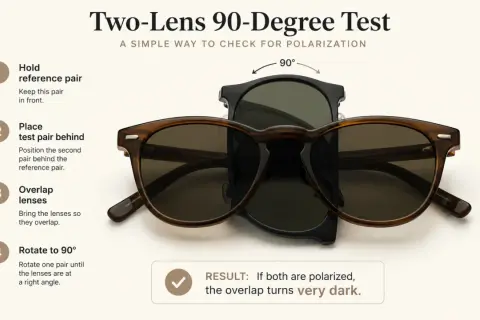 Zwei Sonnenbrillen werden übereinandergelegt und um 90° gedreht, um die polarisierte Sonnenbrille Bedeutung zu testen. Dunkelt der Überlapp stark ab, sind beide polarisiert.