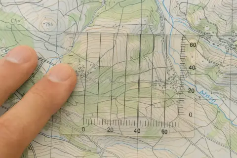 Finger überlagert eine Karte, während ein transparentes Lineal mit Gitternetz und Skalen zum **Karten lesen** verwendet wird.