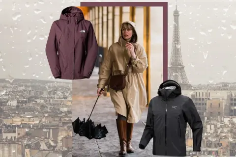 Regen in Paris: Unterschied wasserdicht und wasserfest bei Jacken. Eine Frau mit Schirm, eine rote und eine schwarze Outdoor-Jacke.