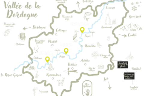 Eine Karte der Dordogne-Täler mit Orten wie Martel, Vayrac und Rocamadour, die zu Entdeckungen einladen.