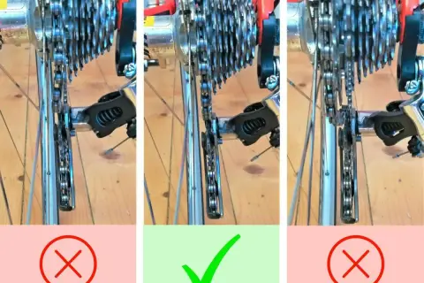 Kette am Fahrrad: Korrekte zugspannung einstellen. Links und rechts falsch, Mitte richtig.