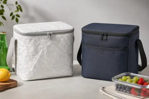 Zwei Kühltaschen, eine in weißem, zerknittertem rPET-Material, die andere in dunkelblauem Stoff. Daneben eine Flasche, Zitrone und eine Obstschale.