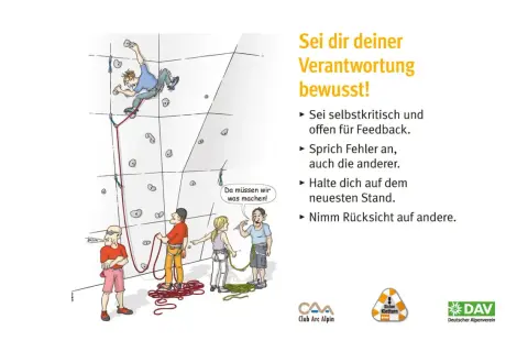 Zeichnung von Kletterern an einer Wand, die über offwidth climbing sprechen. Ein Kletterer hängt kopfüber, während andere unten diskutieren.