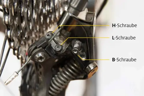 Nahaufnahme eines Fahrrad-Schaltwerks, das zeigt, wie man das Shimano Deore einstellt. H-, L- und B-Schrauben sind markiert.