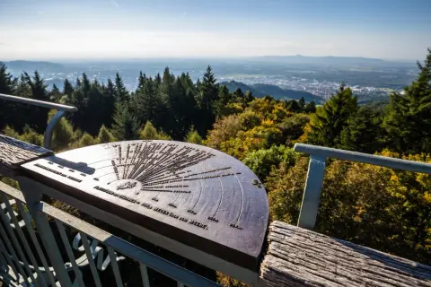 Panoramablick vom Aussichtspunkt Rosskopf Freiburg mit einer Orientierungstafel, die auf die umliegenden Berge und Täler hinweist.