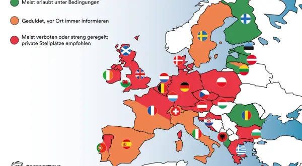 Karte zeigt Regeln für wildcampen in Europa. Tschechien ist rot markiert, was bedeutet: meist verboten oder streng geregelt.