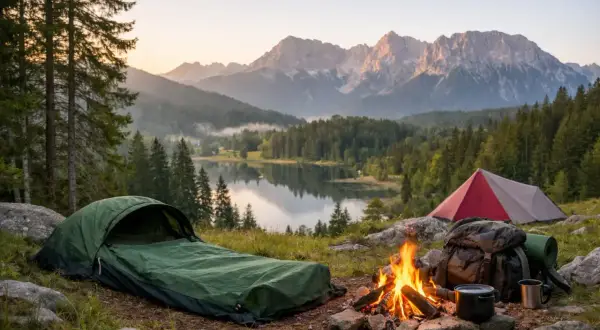 Ein grünes Zelt mit Schlafsack, ein Lagerfeuer und ein Rucksack stehen bereit für ein Biwak mit Bergblick.