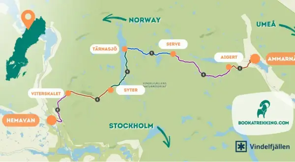 Karte zeigt verschiedene Etappen des Kungsleden in Schweden, mit Orten wie Hemavan, Viterskålet, Syter, Tärnasjö, Serve, Aigert und Ammarnäs.
