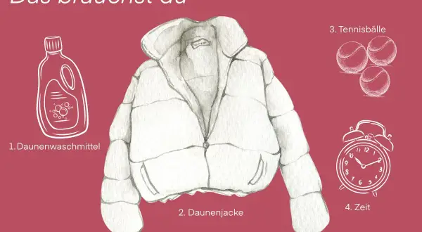 Anleitung zum daunenjacke waschen: Daunenwaschmittel, Daunenjacke, Tennisbälle und Zeit sind nötig.