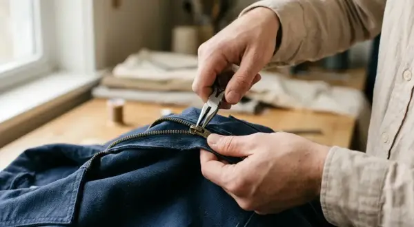 Hände reparieren mit einer Zange einen Reißverschluss an einer dunkelblauen Jacke.