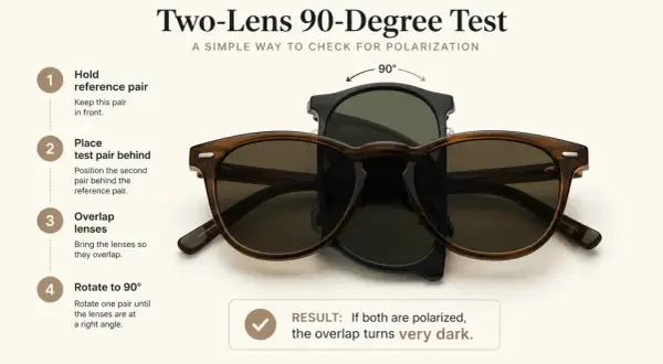 Zwei Sonnenbrillen werden übereinandergelegt und um 90° gedreht, um die polarisierte Sonnenbrille Bedeutung zu testen. Dunkelt der Überlapp stark ab, sind beide polarisiert.