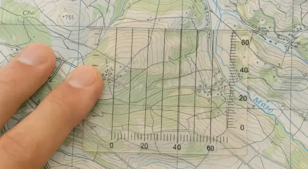 Finger überlagert eine Karte, während ein transparentes Lineal mit Gitternetz und Skalen zum **Karten lesen** verwendet wird.