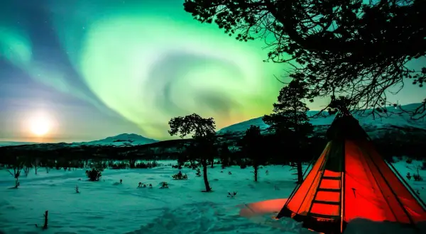 Ein leuchtend rotes Zelt steht im Schnee unter dem Nordlicht. Perfektes **Wildcampen Skandinavien** Erlebnis.