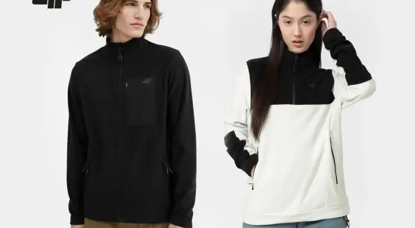 Mann und Frau tragen warme Fleecejacken. Fleece ist ein weiches, isolierendes Material, perfekt für kühle Tage.