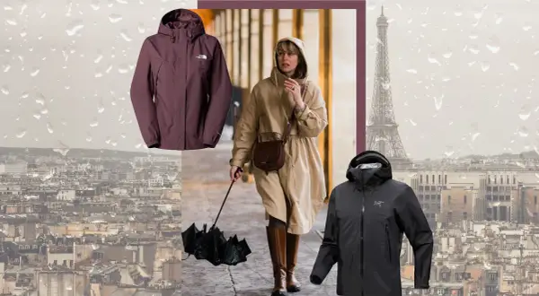 Regen in Paris: Unterschied wasserdicht und wasserfest bei Jacken. Eine Frau mit Schirm, eine rote und eine schwarze Outdoor-Jacke.