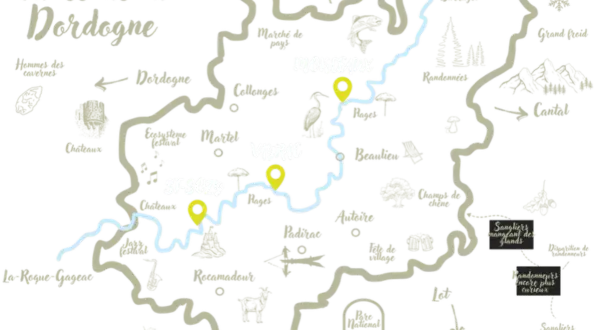 Eine Karte der Dordogne-Täler mit Orten wie Martel, Vayrac und Rocamadour, die zu Entdeckungen einladen.