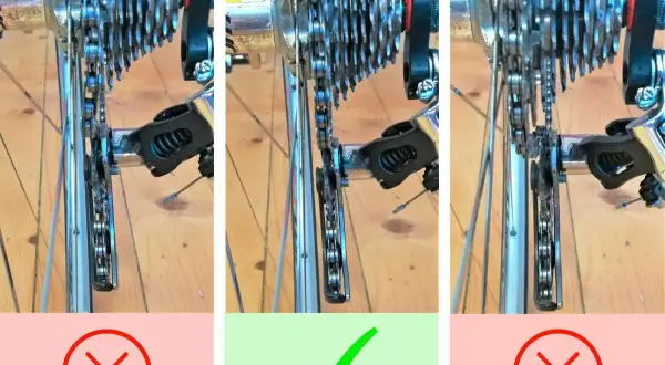 Kette am Fahrrad: Korrekte zugspannung einstellen. Links und rechts falsch, Mitte richtig.