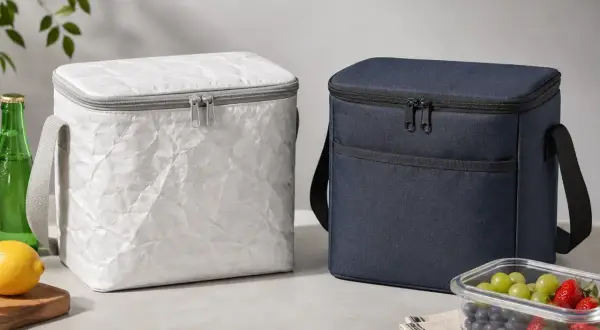 Zwei Kühltaschen, eine in weißem, zerknittertem rPET-Material, die andere in dunkelblauem Stoff. Daneben eine Flasche, Zitrone und eine Obstschale.