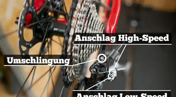 Detailaufnahme des Schaltwerks eines Fahrrads. Hier wird gezeigt, wie man die Shimano Schaltung einstellen kann, mit Markierungen für Anschlag High-Speed, Anschlag Low-Speed und Umschlingung.