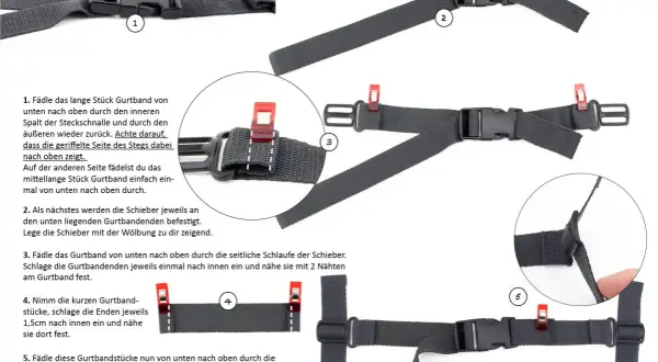 Anleitung zum Befestigen von Rucksack Schlaufen. Schritt-für-Schritt-Anleitung mit Bildern, wie man Gurte und Schnallen anbringt.