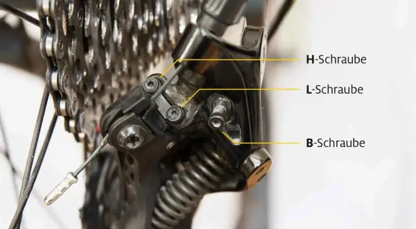 Nahaufnahme eines Fahrrad-Schaltwerks, das zeigt, wie man das Shimano Deore einstellt. H-, L- und B-Schrauben sind markiert.