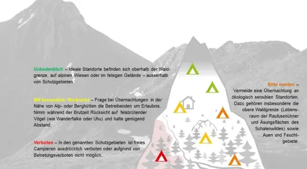 Berglandschaft mit Hinweisen zum **wildcampen Spanien**. Grüne Dreiecke zeigen ideale, rote verbotene und gelbe vorsichtige Standorte.
