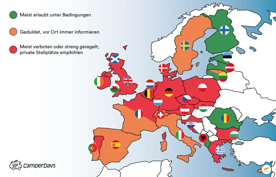 Karte zeigt Regeln für wildcampen in Europa. Tschechien ist rot markiert, was bedeutet: meist verboten oder streng geregelt.