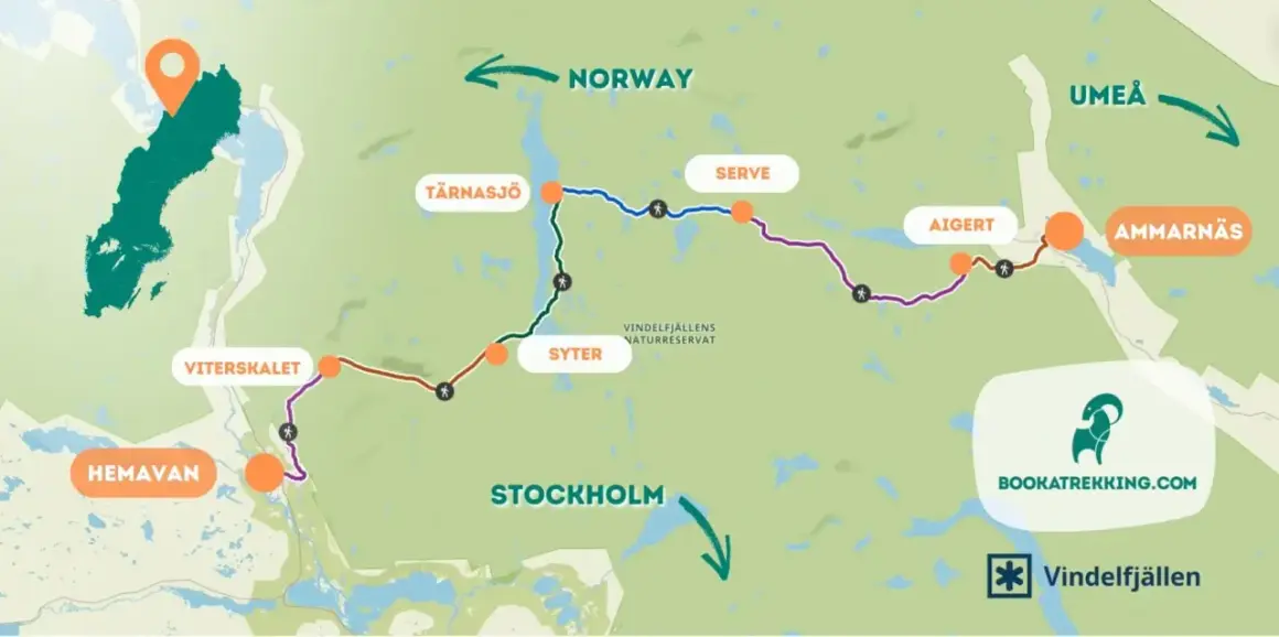 Karte zeigt verschiedene Etappen des Kungsleden in Schweden, mit Orten wie Hemavan, Viterskålet, Syter, Tärnasjö, Serve, Aigert und Ammarnäs.