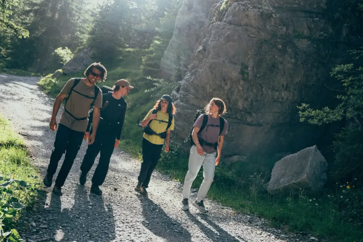 Vier Freunde genießen das Wandern auf einem sonnigen Bergpfad. Das ist die wahre Definition von Wandern: Natur, Gemeinschaft und Bewegung.