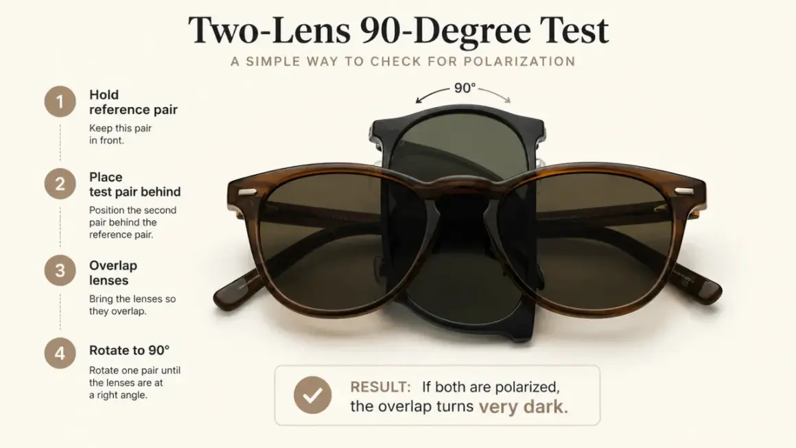Zwei Sonnenbrillen werden übereinandergelegt und um 90° gedreht, um die polarisierte Sonnenbrille Bedeutung zu testen. Dunkelt der Überlapp stark ab, sind beide polarisiert.
