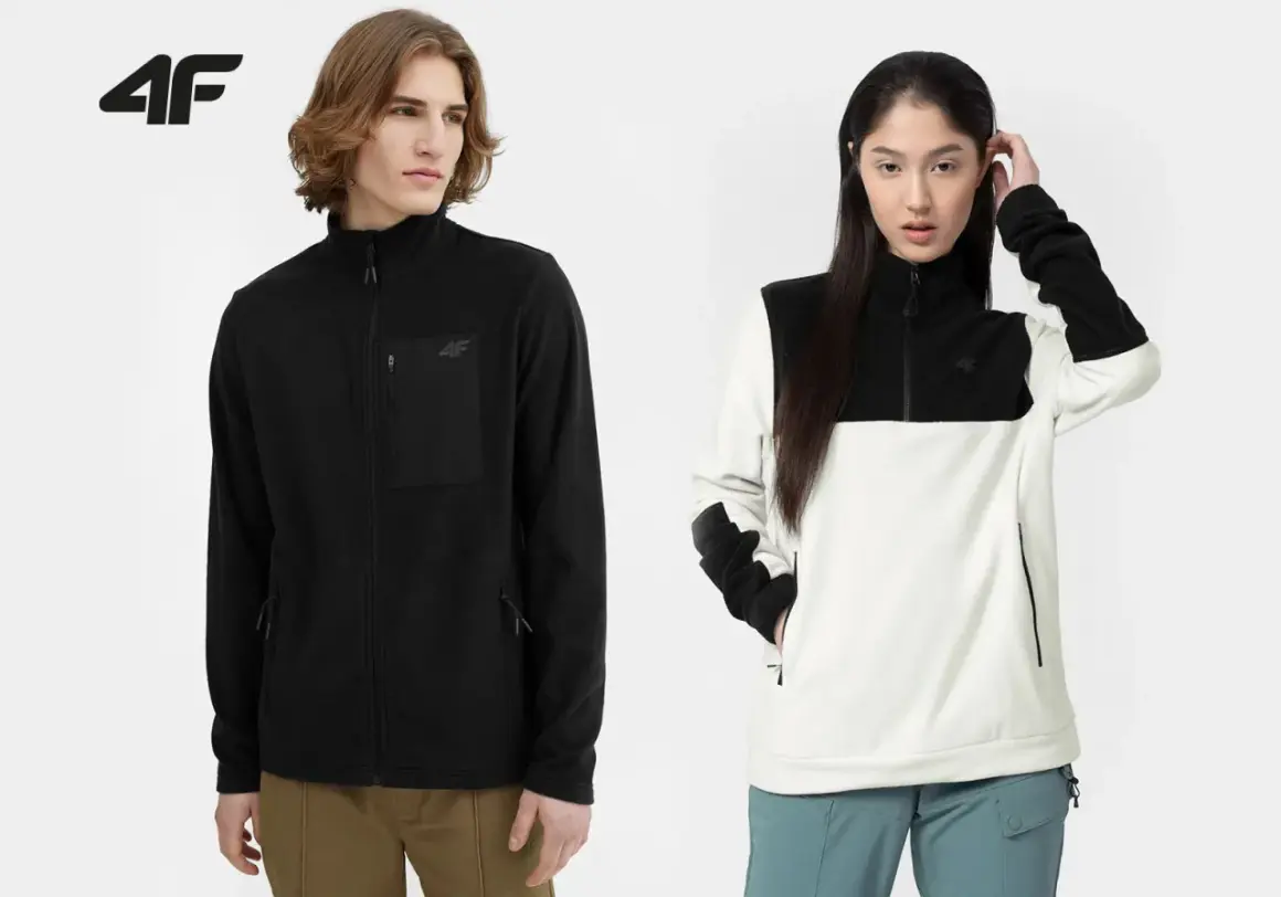 Mann und Frau tragen warme Fleecejacken. Fleece ist ein weiches, isolierendes Material, perfekt für kühle Tage.