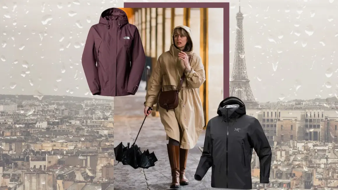 Regen in Paris: Unterschied wasserdicht und wasserfest bei Jacken. Eine Frau mit Schirm, eine rote und eine schwarze Outdoor-Jacke.