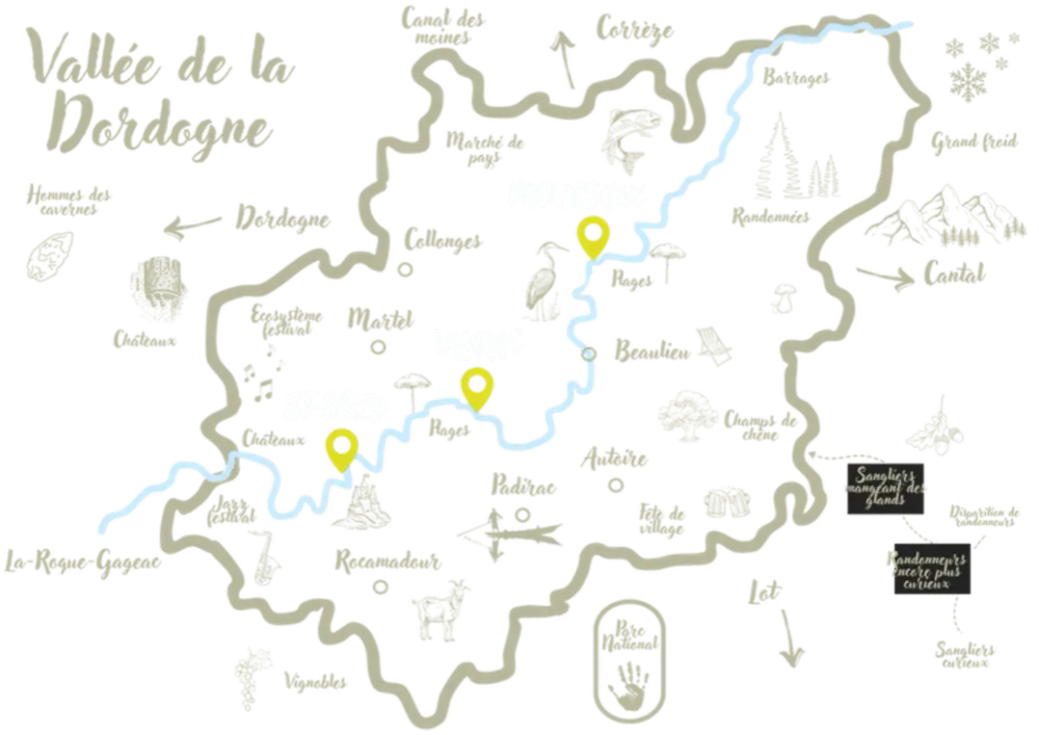 Eine Karte der Dordogne-Täler mit Orten wie Martel, Vayrac und Rocamadour, die zu Entdeckungen einladen.
