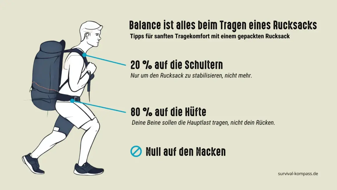 Beim Rucksack packen für Mehrtagestouren: 80% der Last auf die Hüfte, 20% auf die Schultern. So trägst du bequem.